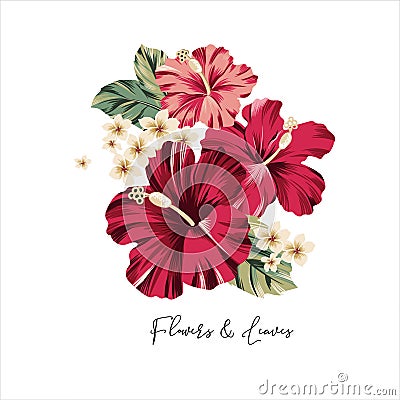 Hawaiian style floral arrangement, with beautiful hibiscus, palm, bird of paradise. Vector Illustration